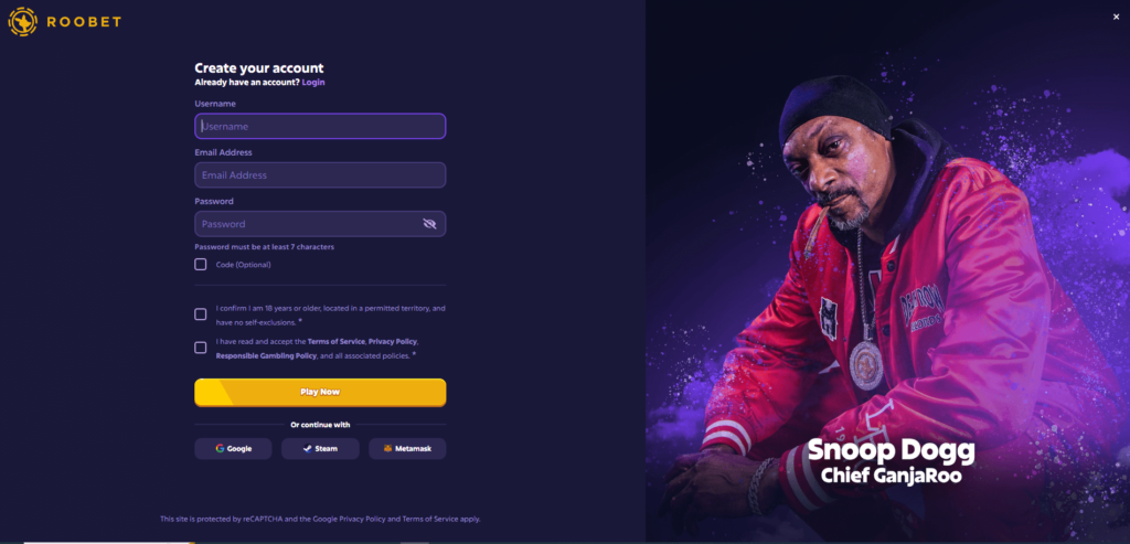 Roobet sign up and log